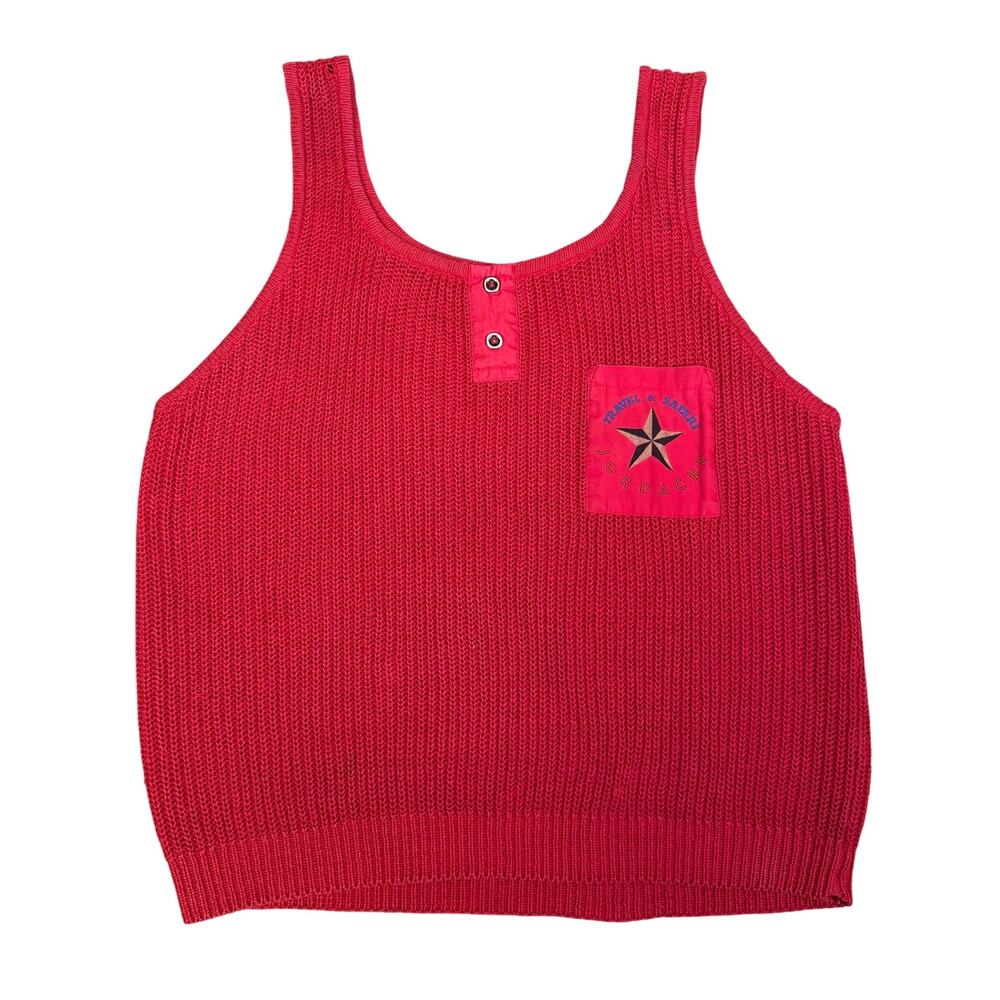 Vintage 80s Jordache Knit Tank Top Red Knit Button Neck Travel & Safari Pocket S